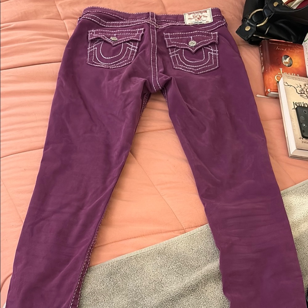 True Religion Purple Skinny Jeans with Decorative Stitching